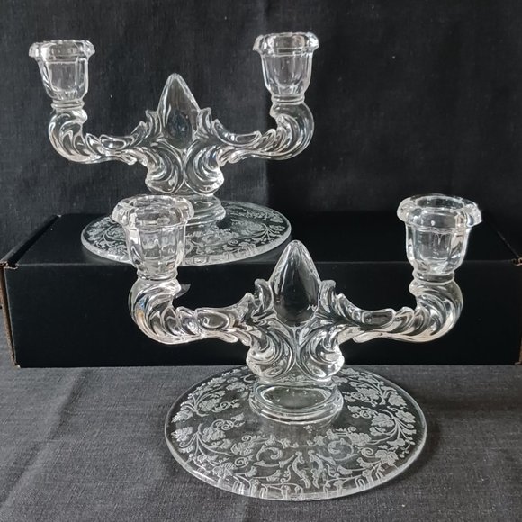 New Martinsville Glass Pair Double Candle Holders Teardrop 4457 Florentine Etch - Picture 1 of 5